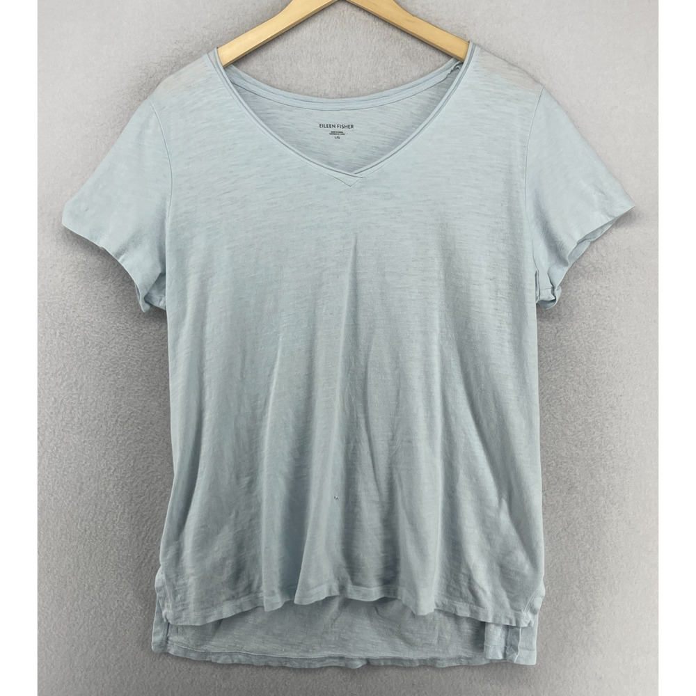 EILEEN FISHER Top S Slub Organic Cotton Jersey V-Neck Short Sleeve Light Blue